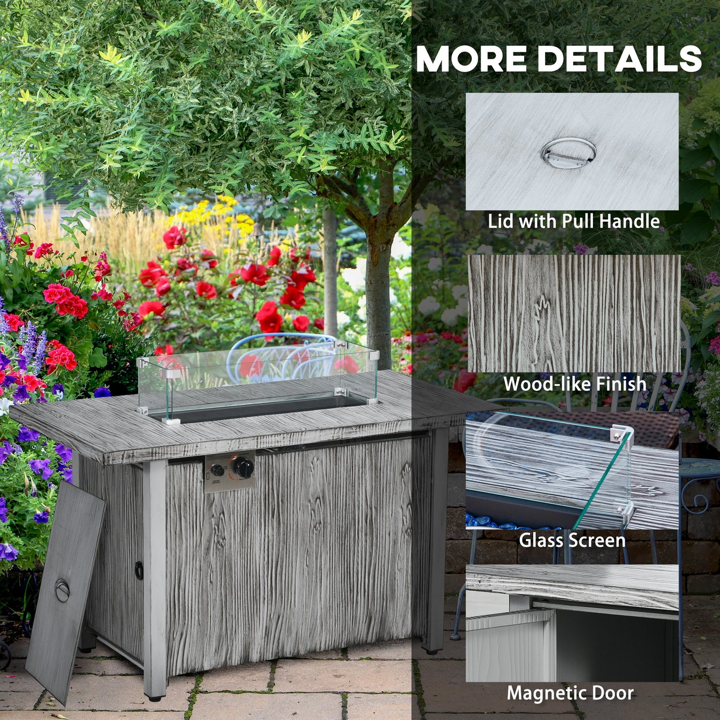 Zisefasu Steel Grey Wood Effect Gas Fire Pit Table with Cover And Glass Screen
