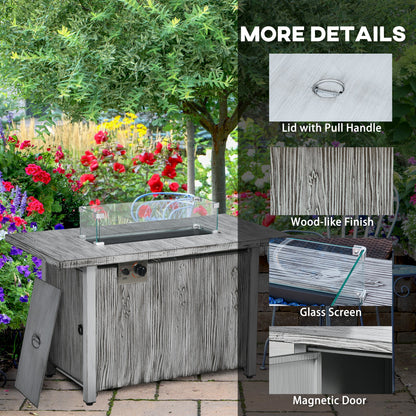 Zisefasu Steel Grey Wood Effect Gas Fire Pit Table with Cover And Glass Screen