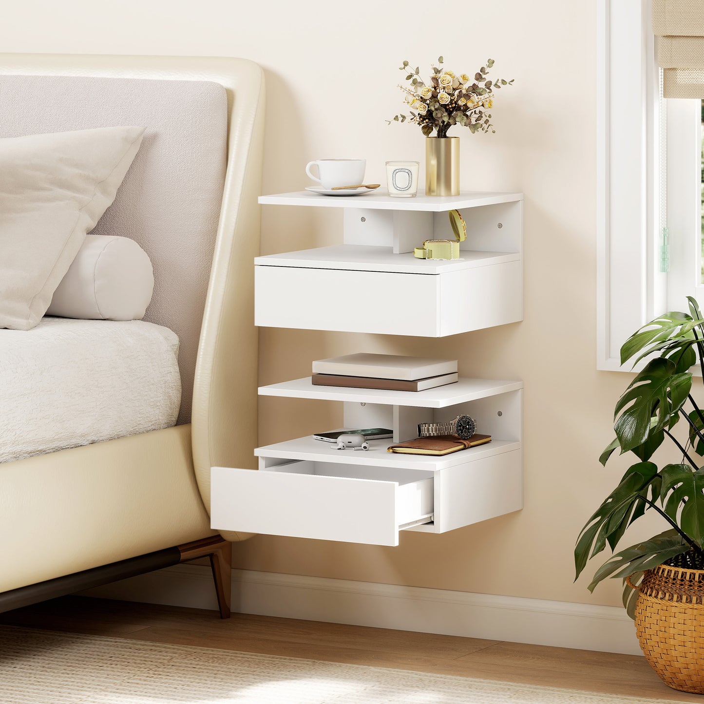 Toriro White Set Of 2 Floating Wall Mounted Bedside Tables 1 Drawer 1 Shelf