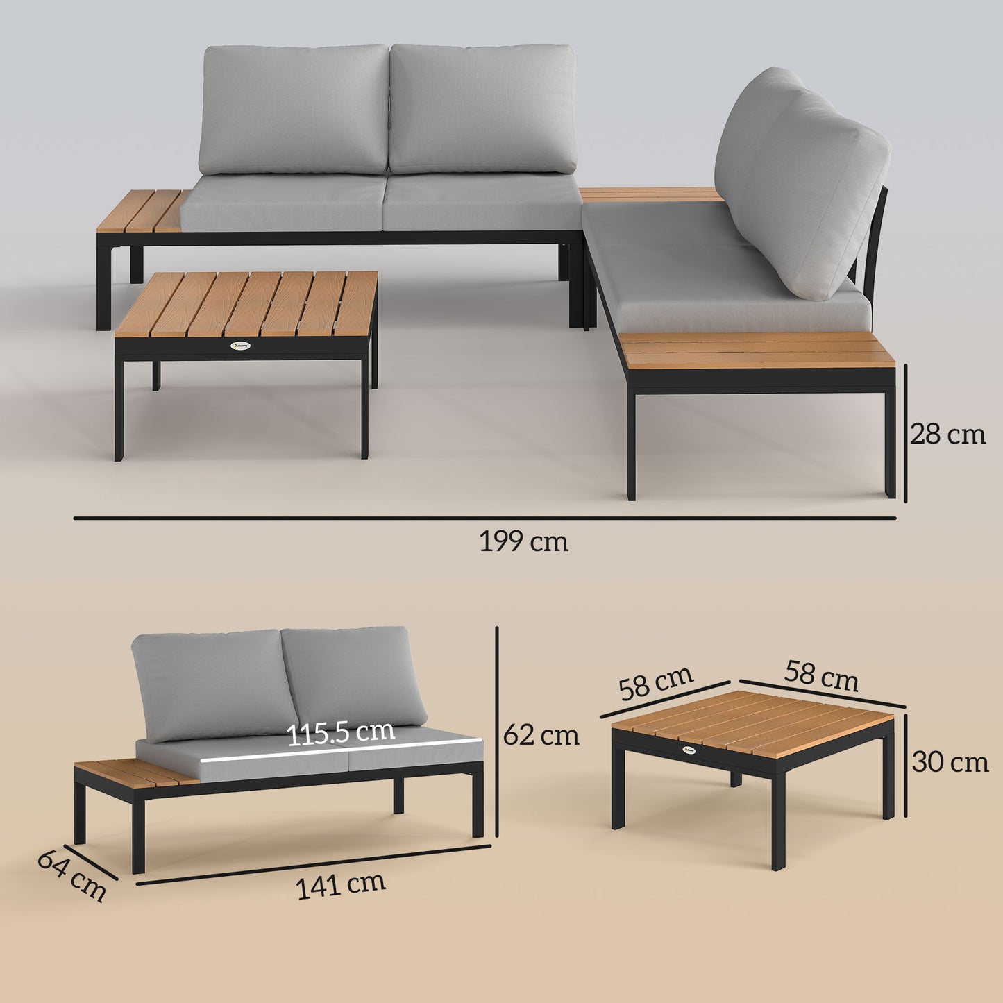 Matuki Wood Teak 4 Seater Garden Corner Sofa Set With 2 Coffee Tables