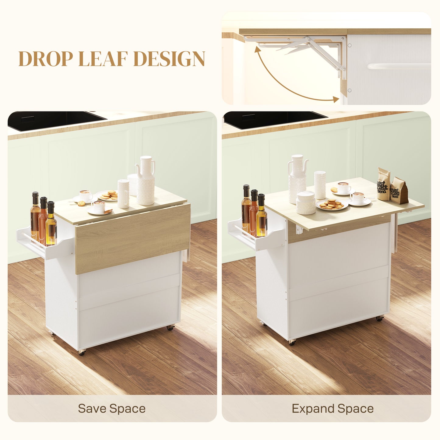 Seto Wooden White Rolling Kitchen Island With Drop Leaf Drawer Spice Rack And Towel Rail
