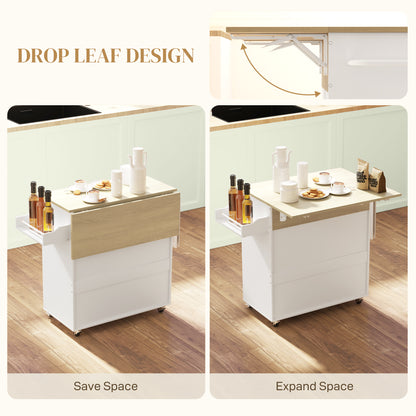 Seto Wooden White Rolling Kitchen Island With Drop Leaf Drawer Spice Rack And Towel Rail
