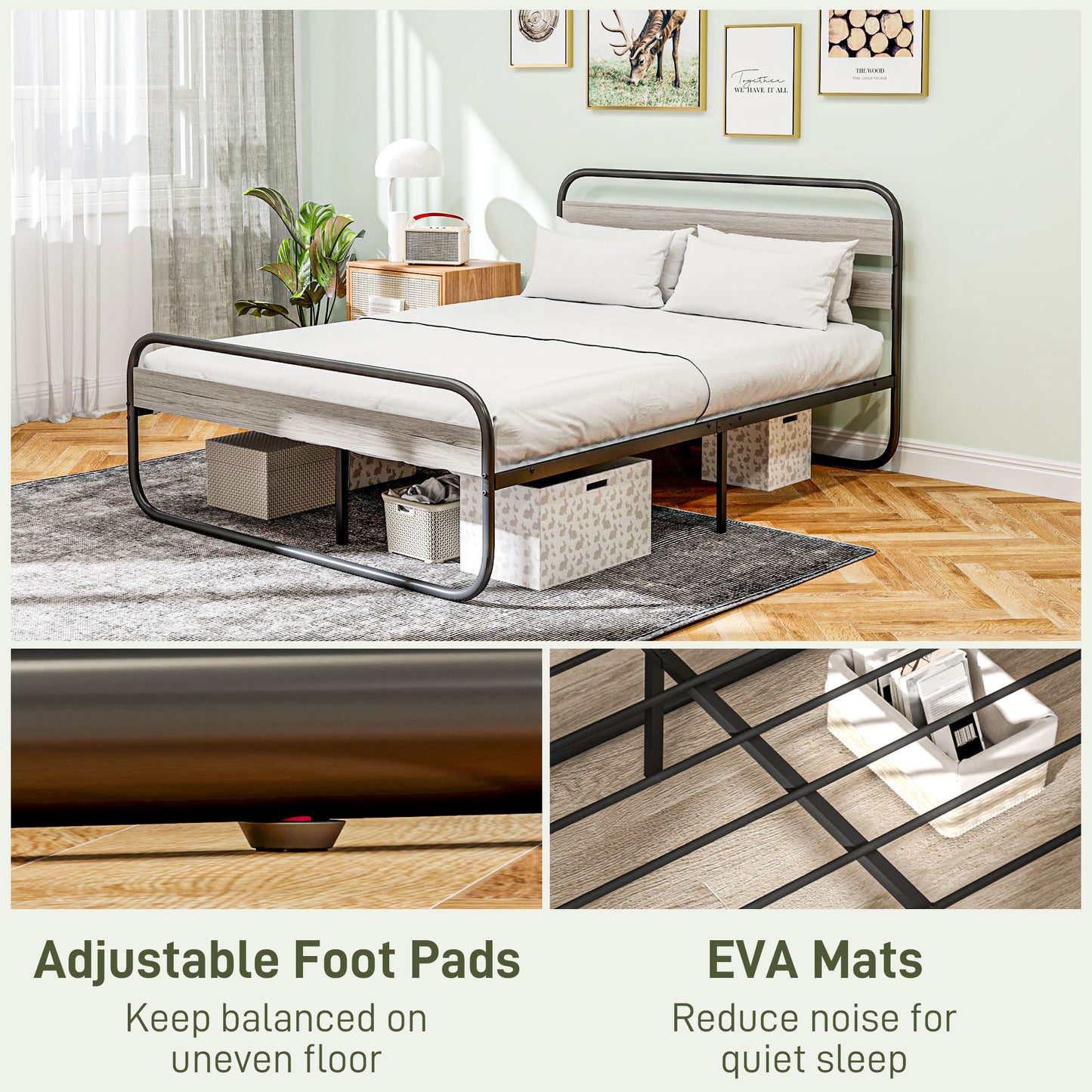 Cozine 4FT6 Grey and Black Metal Industrial Double Platform Bed Frame