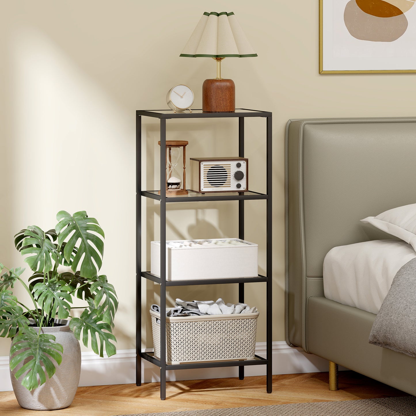 Elso Metal And Glass Black 4 Tier Vertical Shelving Unit For Living And Office Use
