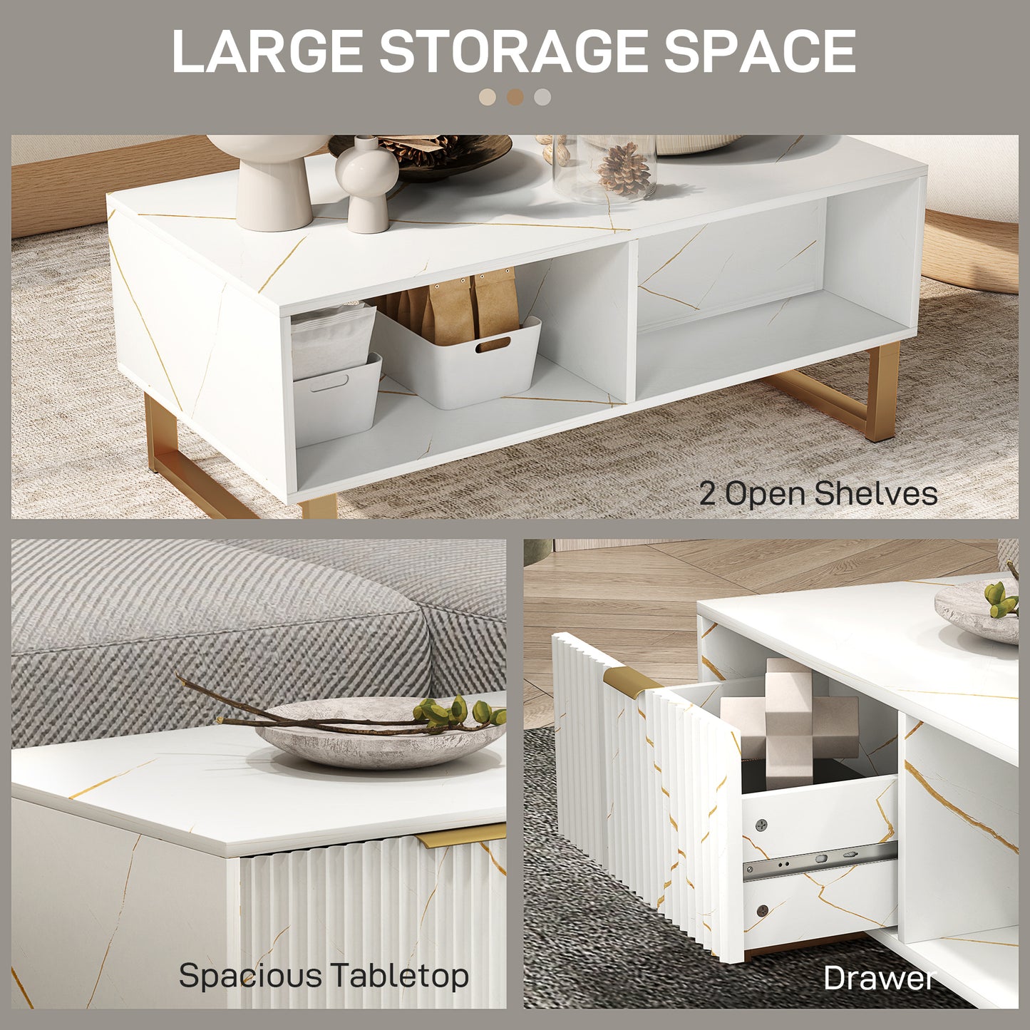 Lima Wooden White Marble Effect and Gold Coffee Table With 2 Storage Drawers