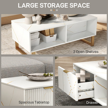 Lima Wooden White Marble Effect and Gold Coffee Table With 2 Storage Drawers