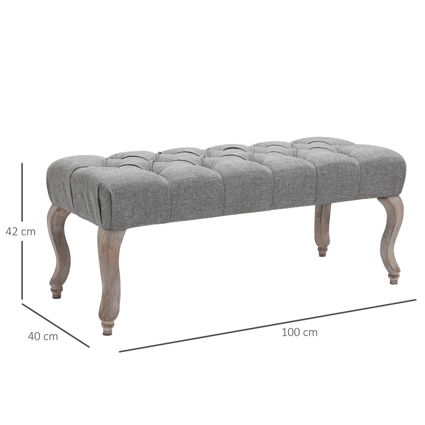 Kene Grey Upholstered Tufted Accent Bench White Washed Wooden Legs