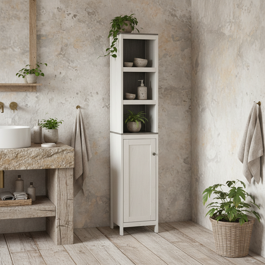 Salata Tall Freestanding Bathroom Storage Cabinet With Open Shelves And Adjustable Interior Antique White