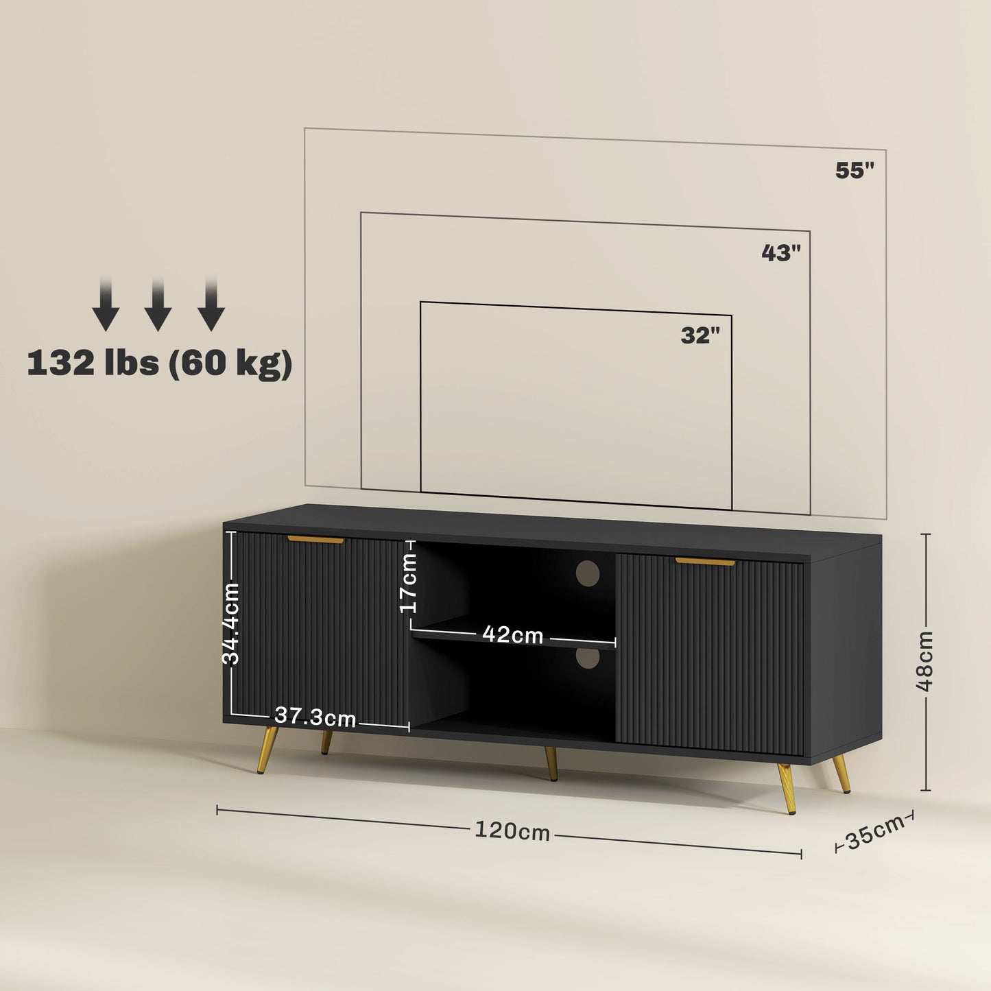 Ellini Wooden Black TV Stand With 2 Open Shelves 2 Doors For Screens Up To 55 Inches