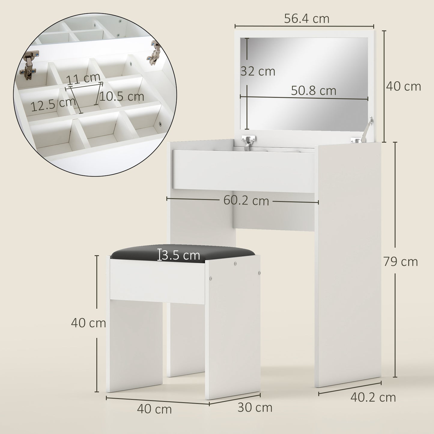 Nolena White Wood Vanity Table With Flip Up Mirror Padded Stool And Storage
