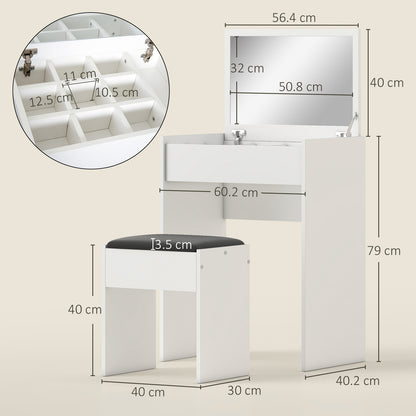 Nolena White Wood Vanity Table With Flip Up Mirror Padded Stool And Storage