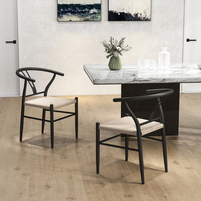 Ranopa Woven Hemp And Wood Black And Beige Dining Chairs Set Of 2 With Y ShaFauxd Backrest