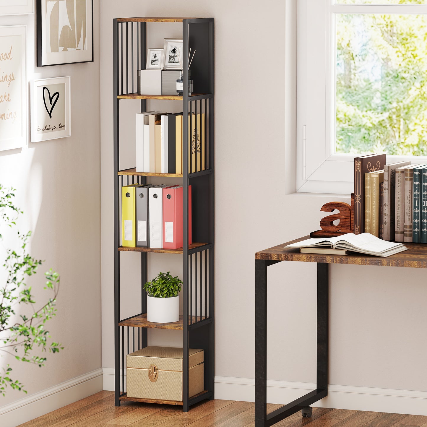 Remo Metal And Wood Rustic Brown 5 Tier Bookshelf With Steel Frame