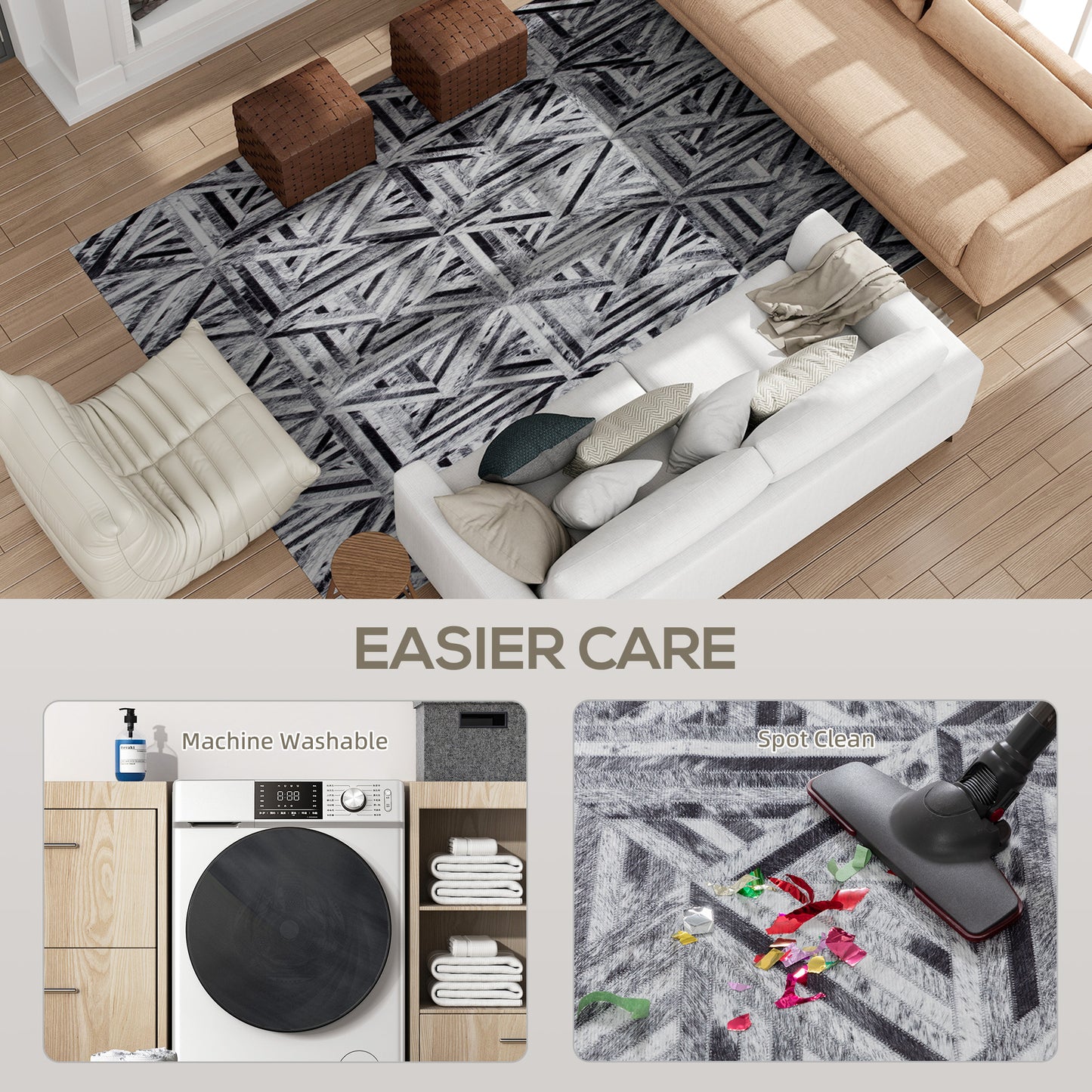 Lufana 290 x 200cm Chenille Black Triangle Pattern Non Slip Rug
