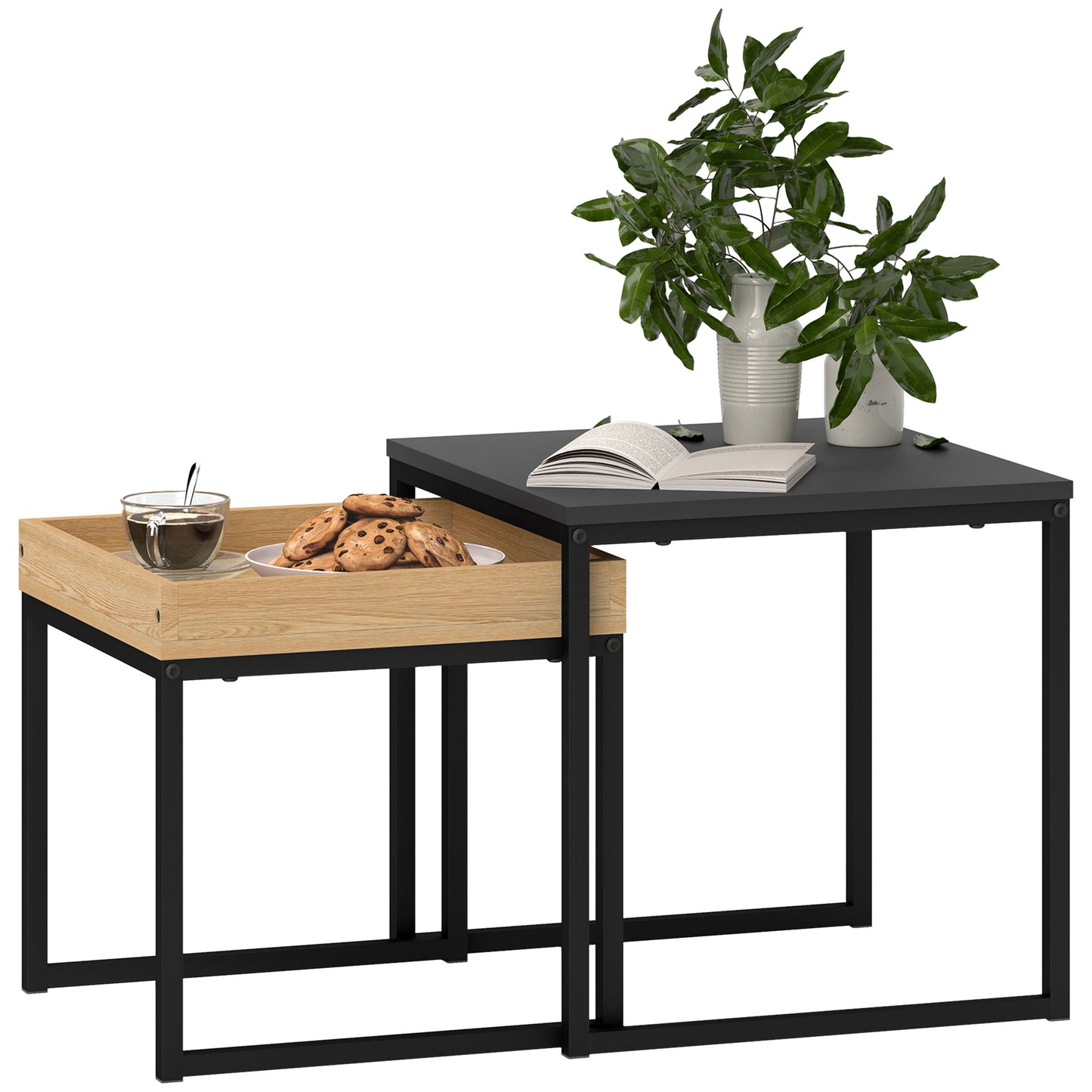 Lavi Set Of 2 Boxy Nesting Tables Wooden Black And Wood Effect