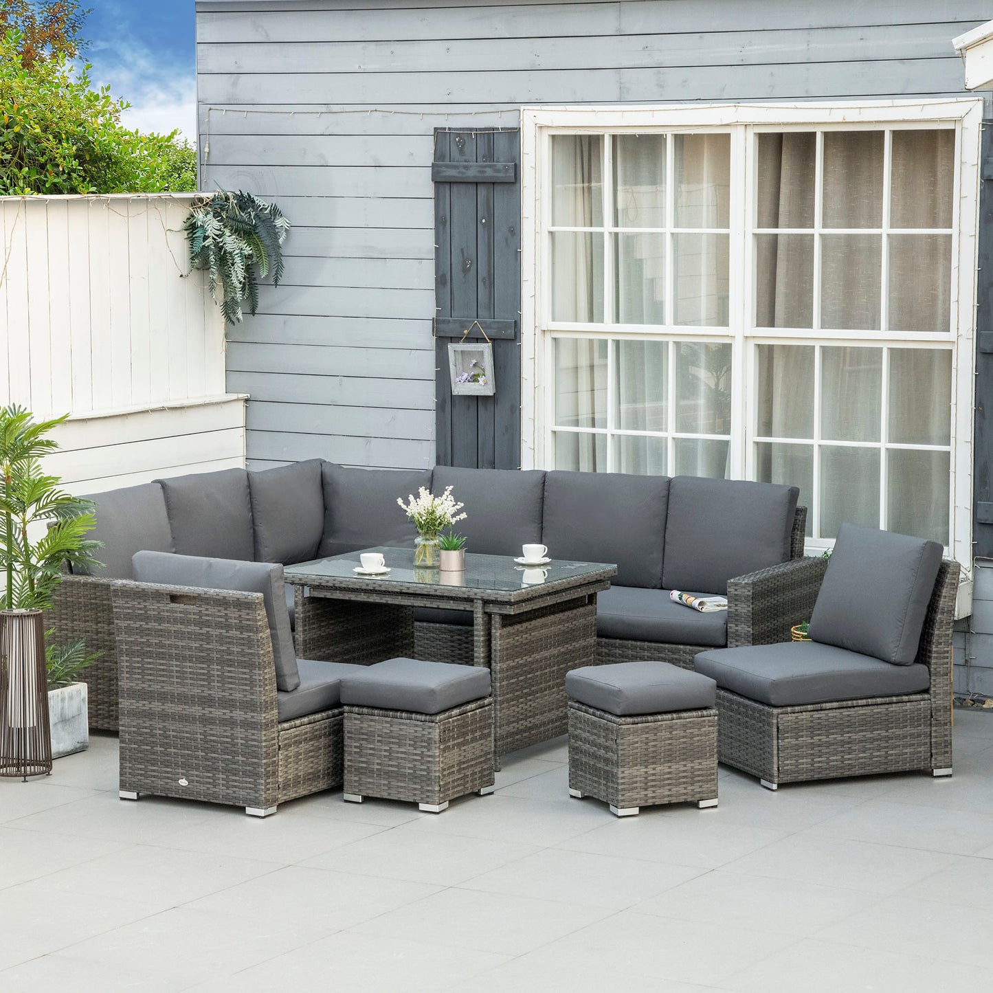 Rokane Rattan Grey 10 Seater Garden Sofa Set With Extending Dining Table