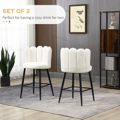 Ettine Scallop Boucle Cream Upholstered Bar Stools Set Of 2 With Steel Base And Footrest