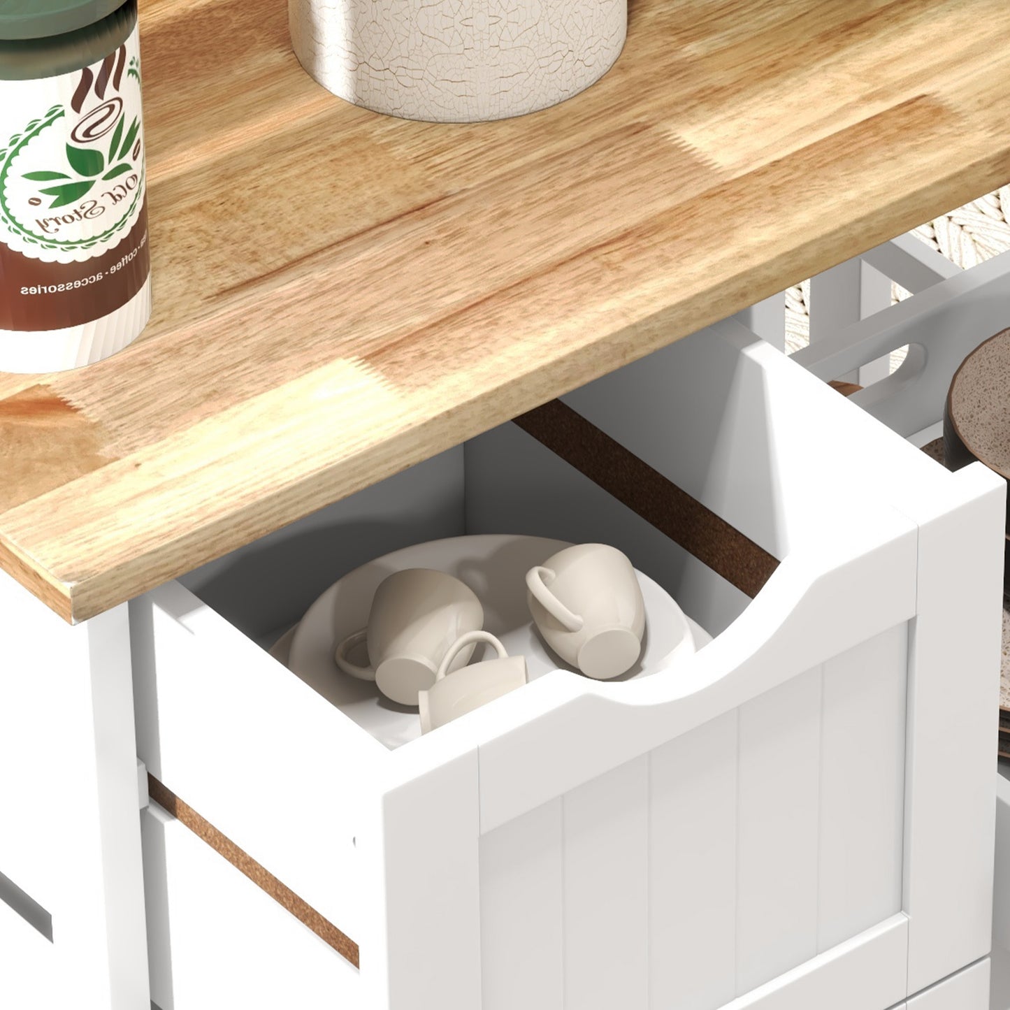 Lonoronno Wooden White Compact Rolling Kitchen Island With Natural 3 Shelves 3 Drawers