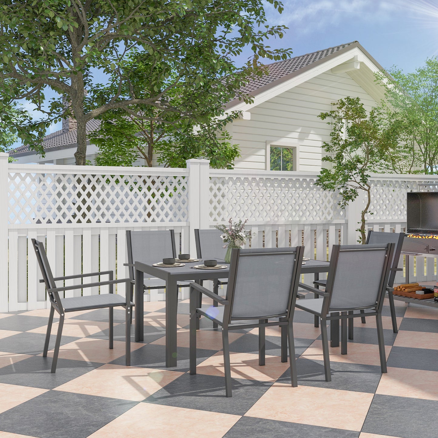 Lani 6 Seater Light  Grey Mesh Garden Dining Set With Rectangular Table
