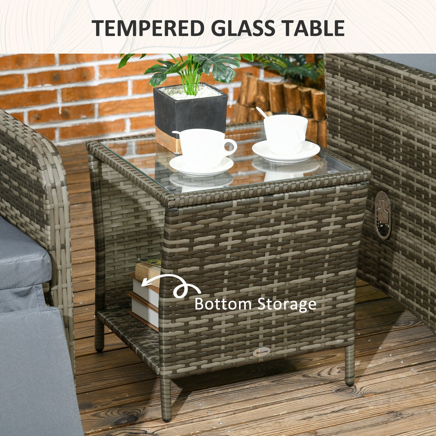 Mazizi Dark Grey Rattan 3 Piece Garden Outdoor Bistro Set With Cushions And Storage Table