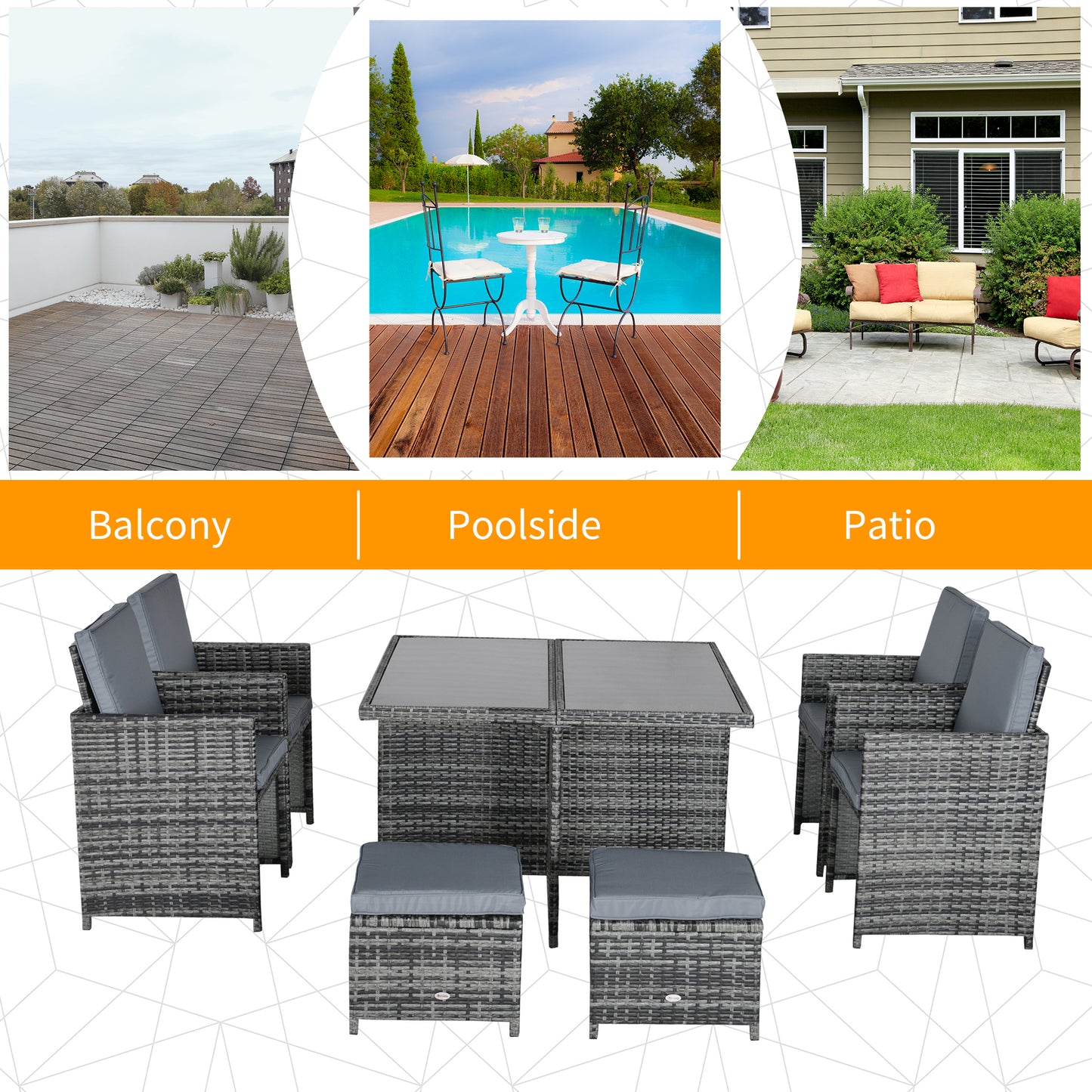 Noco Rattan Grey 8 Seater Outdoor Dining Set With Armchairs and Footstools