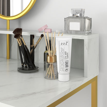 Toel White Faux Marble Dressing Table With Round Mirror Steel Frame And OFauxn Storage