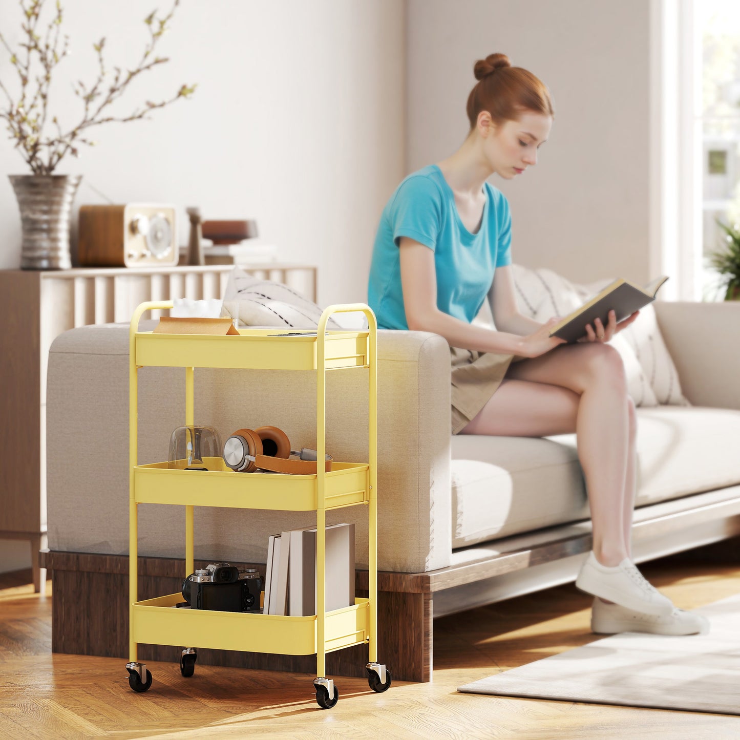 Firi Metal Yellow 3 Tier Steel Storage Trolley With Wheels