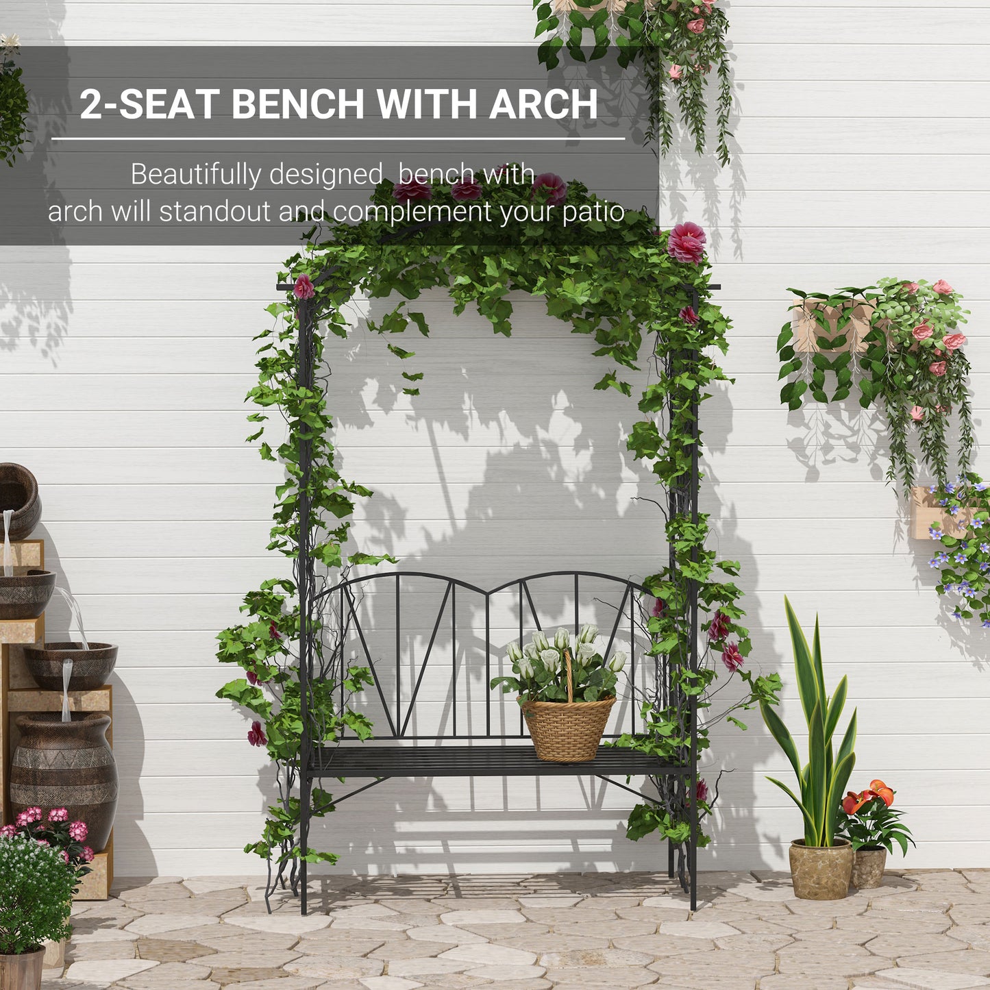 Sovemo Metal Black 2 Seater Garden Bench With Arch Back For Climbing Plants