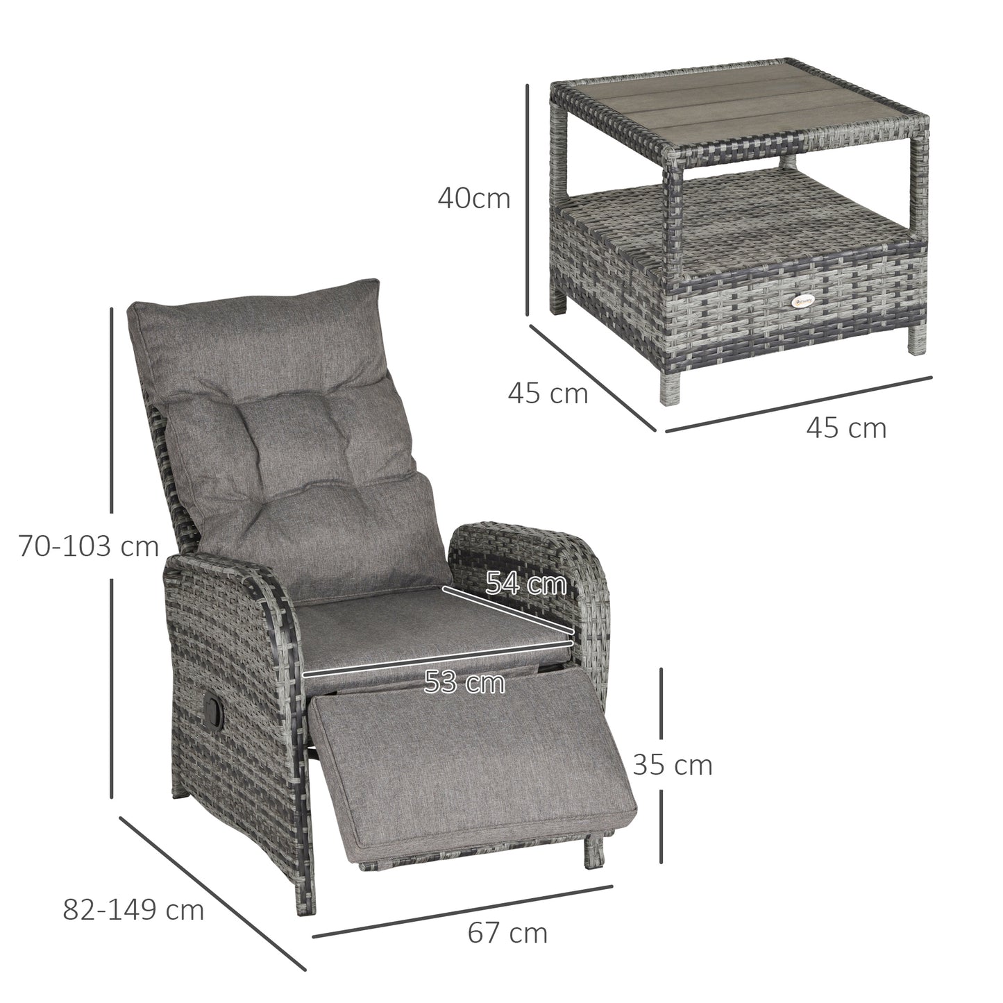Nodika Rattan Grey 2 Seater Outdoor Bistro Set with Reclining Armchairs and Table