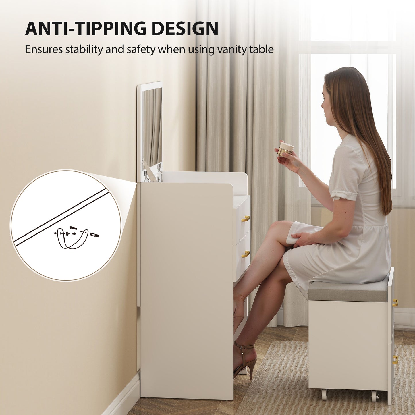 Yova White Compact Dressing Table And Stool Set With Storage