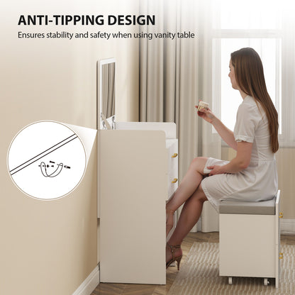 Yova White Compact Dressing Table And Stool Set With Storage
