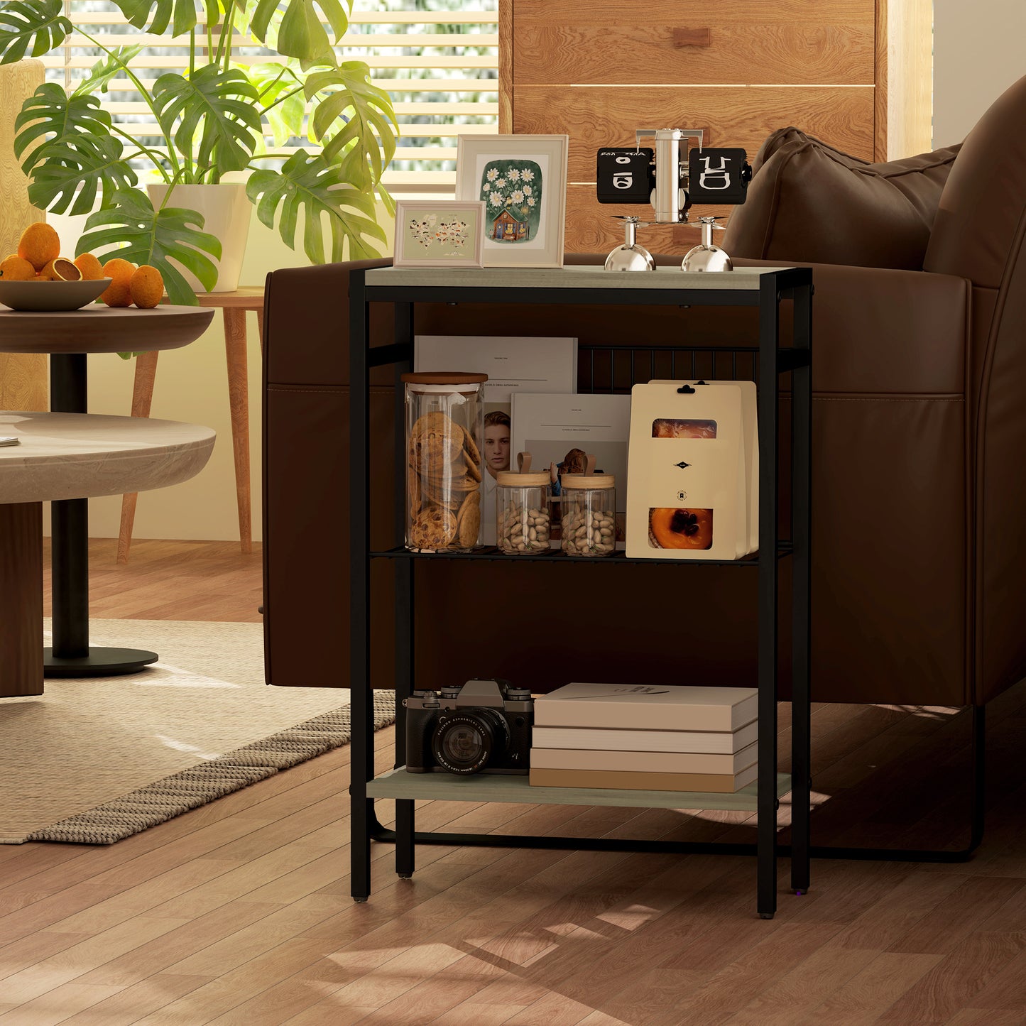 Dimali Black Metal And Grey Wooden Industrial 3 Shelf Side Table