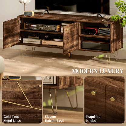 Lurali 130cm Wooden Brown TV Cabinet 2 Doors and Shelf Gold Hairpin Legs For Screens Up To 60 Inches