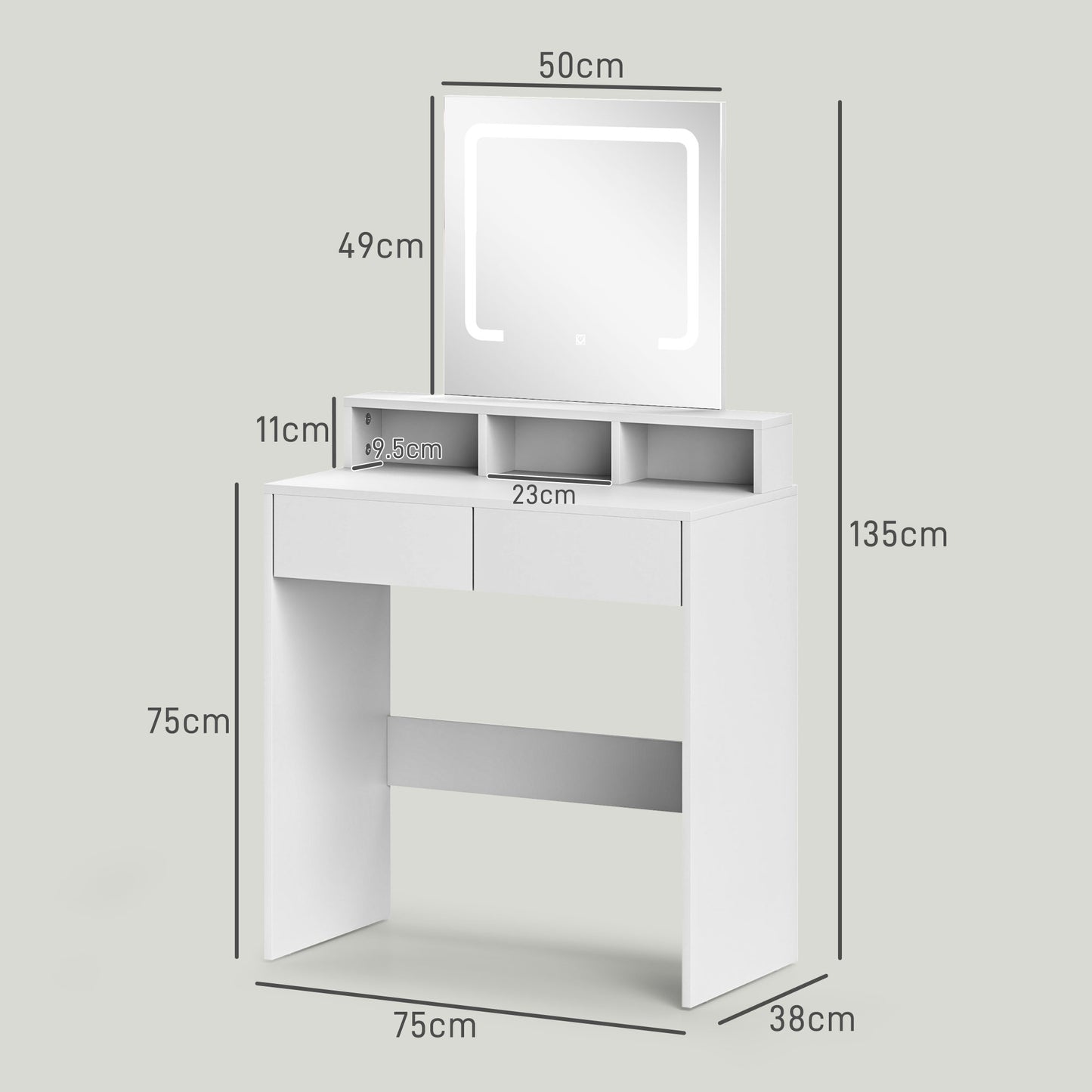 Linora Roso White Dressing Table With LED Mirror And Built In Storage
