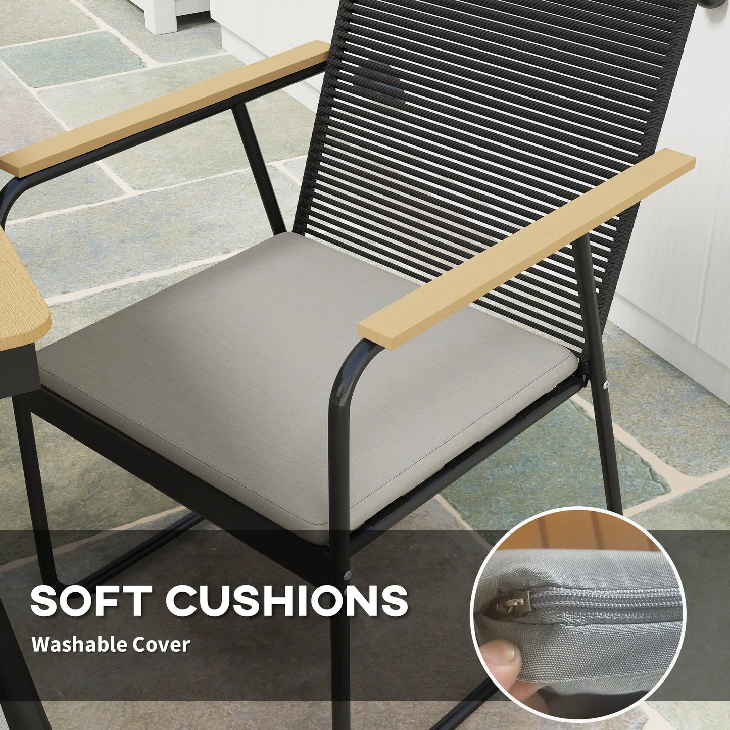 Karutte 6 Seater Garden Dining Set featuring Soft Cushions Rattan Backrest Rectangular Plastic Top Garden Furniture Set Outdoor Dining Table & Chairs for Patio Balcony Poolside Nature Wood Finish