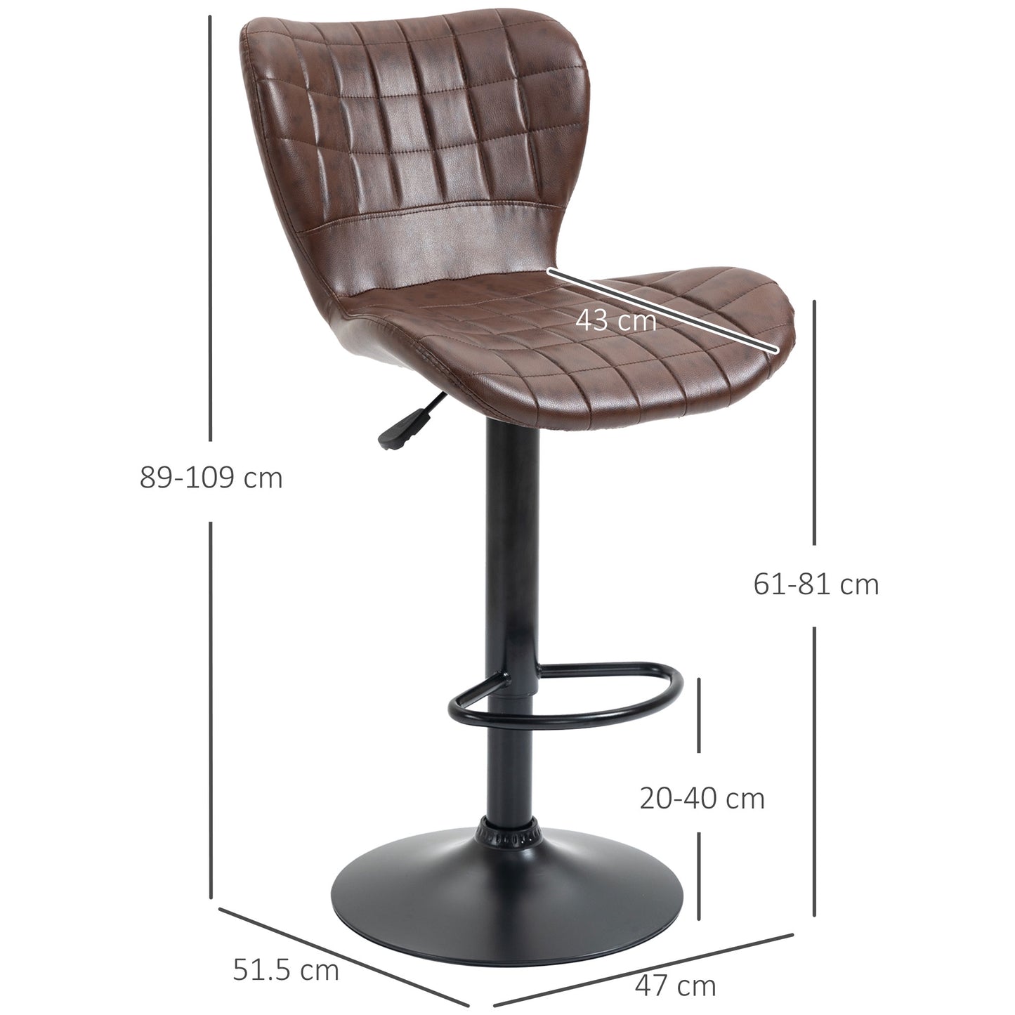 Setora Set Of 2 Faux Leather Brown Adjustable Bar Chairs With Backrest And Footrest