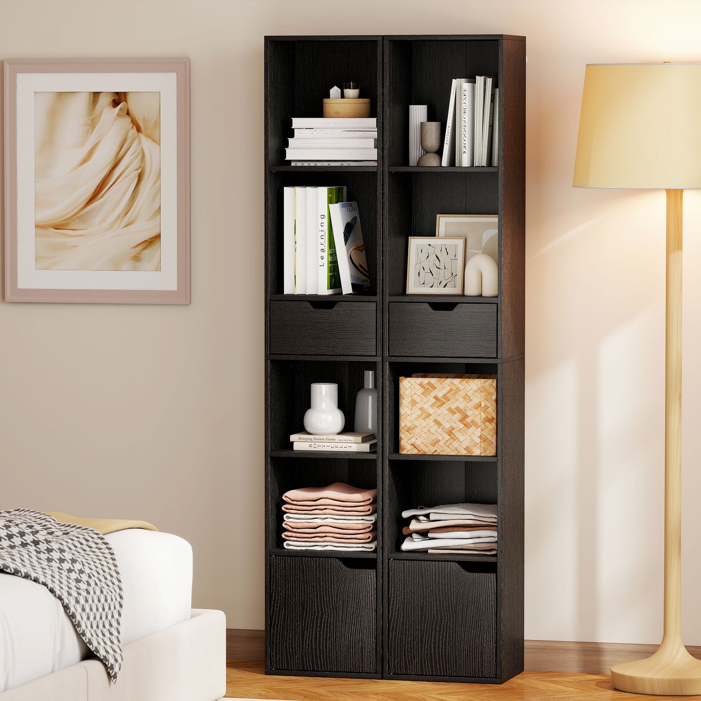 Nota Wooden Black Tall Narrow 6 Tier Bookcase With Drawer And Door