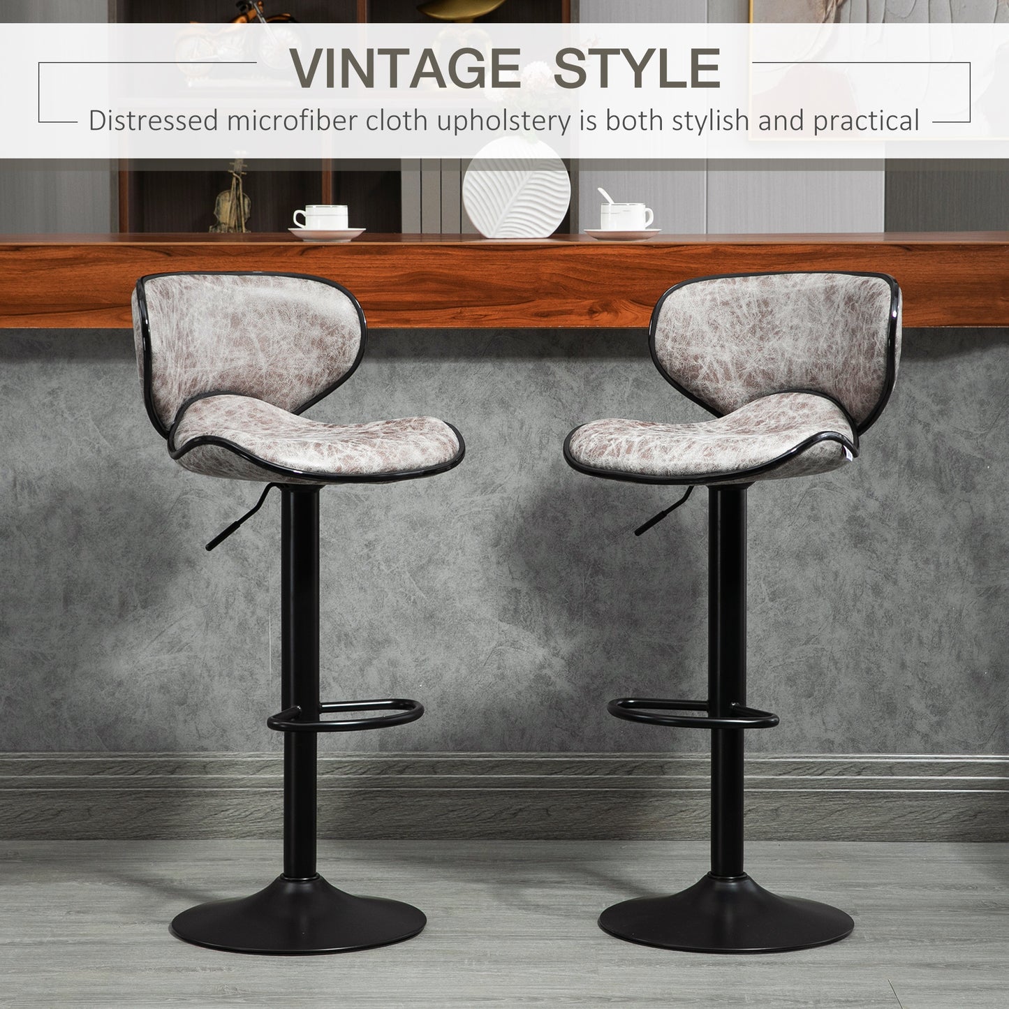 Lila Microfiber Grey Adjustable Swivel Bar Stools Set Of 2 With Armless Design