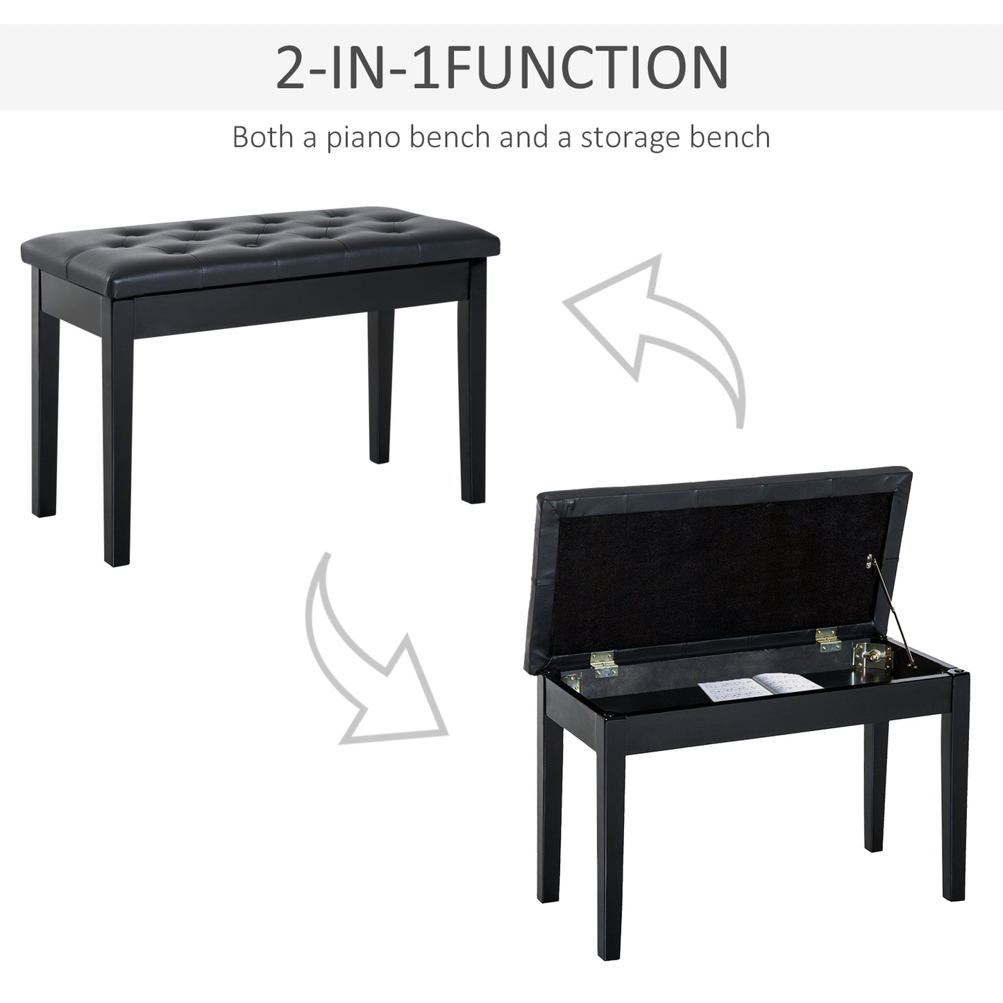 Milara Faux Leather Black Upholstered Piano Bench With Storage Compartment Diamond Tufted Lid