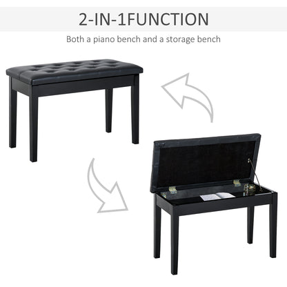 Milara Faux Leather Black Upholstered Piano Bench With Storage Compartment Diamond Tufted Lid