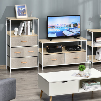 Bafadima Wooden Light Grey 4 Fabric Storage Drawers Chest With Open Shelves