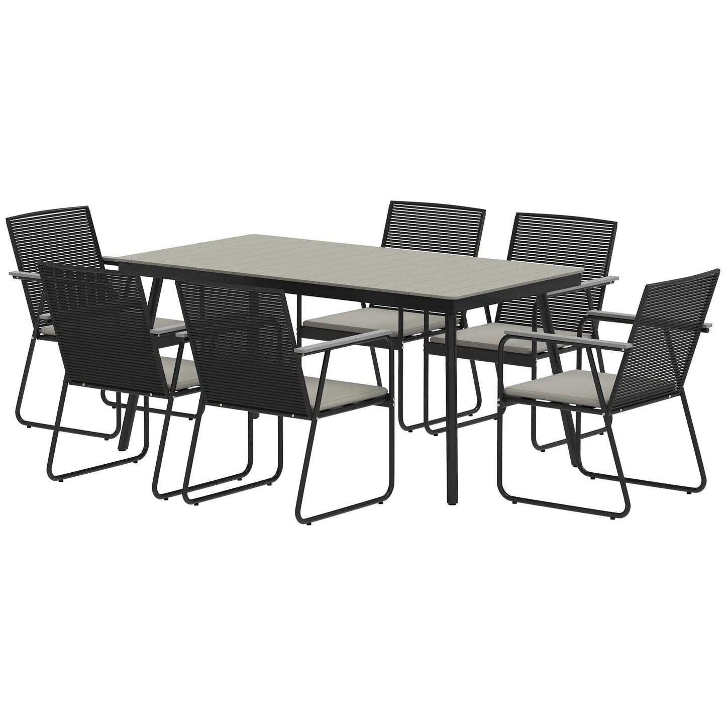 Karutte 6 Seater Garden Dining Set featuring Soft Cushions Rattan Backrest Rectangular Plastic Top Garden Furniture Set Outdoor Dining Table & Chairs for Patio Balcony Poolside Grey