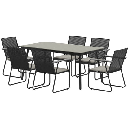 Karutte 6 Seater Garden Dining Set featuring Soft Cushions Rattan Backrest Rectangular Plastic Top Garden Furniture Set Outdoor Dining Table & Chairs for Patio Balcony Poolside Grey