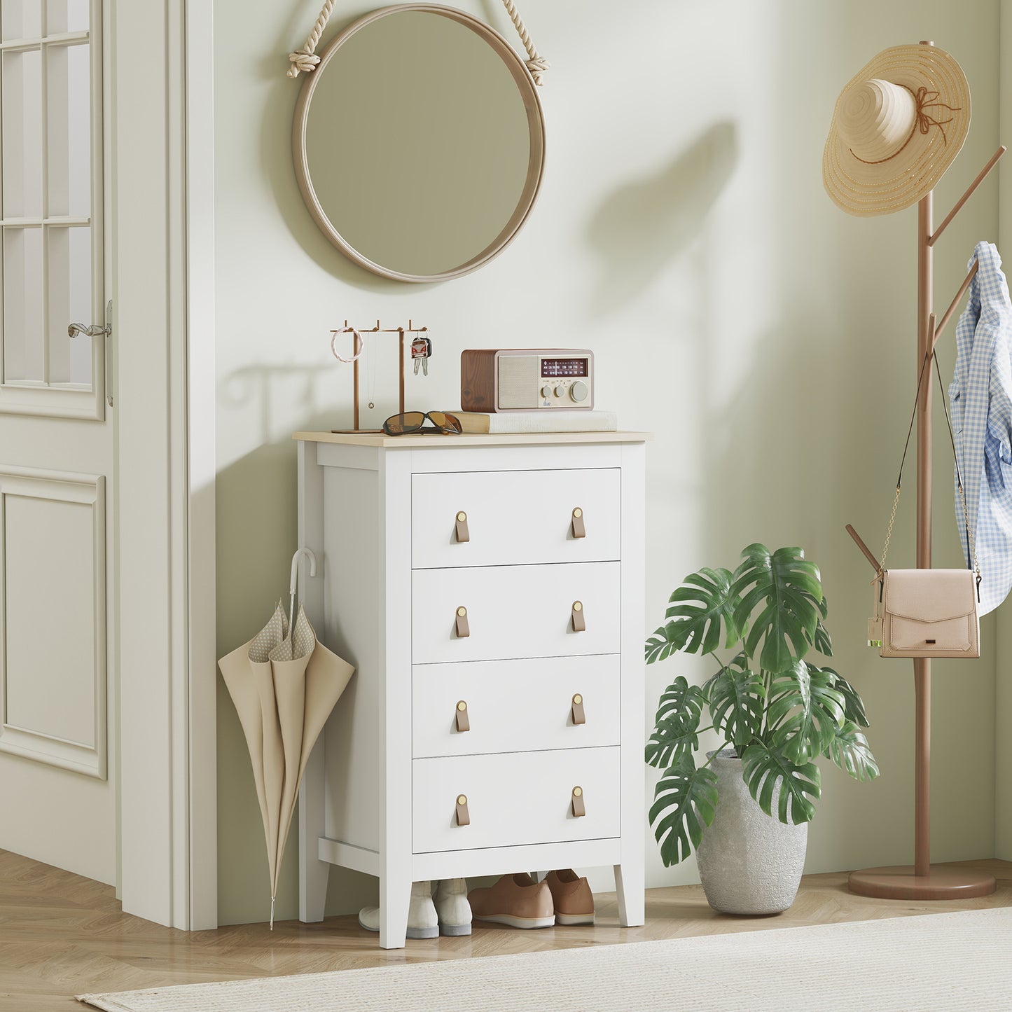 Rasusa Metal And Wood White 4 Drawer Modern Storage Chest With Faux Leather Handles 60 x 40 x 98 cm