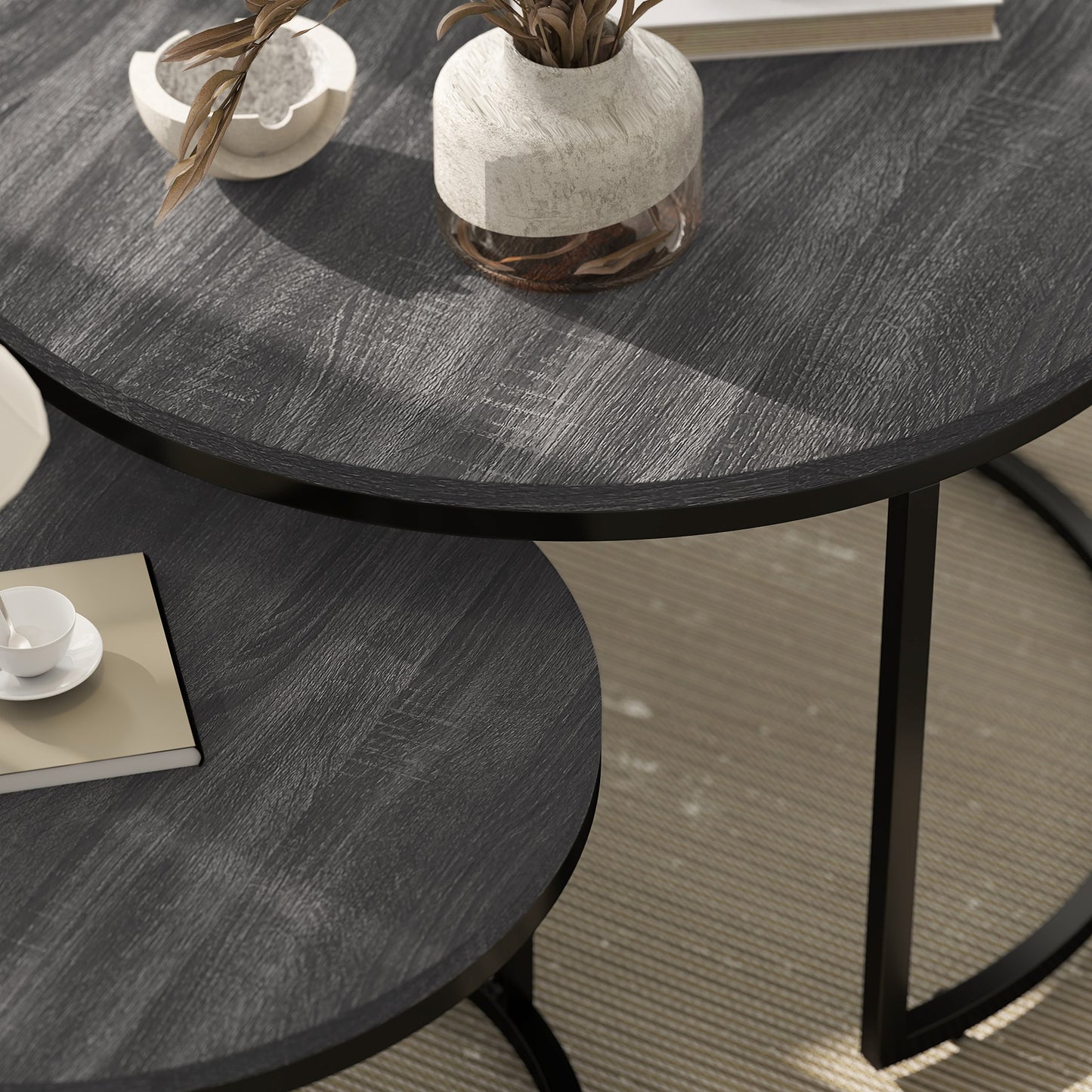 Rali Metal And Wood Black Set Of 2 Marble Effect Nesting Coffee Tables