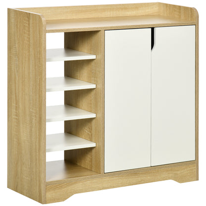 Nopaba Wooden Natural And White Shoe Cabinet With Double Doors And Shelves For 13 Pairs