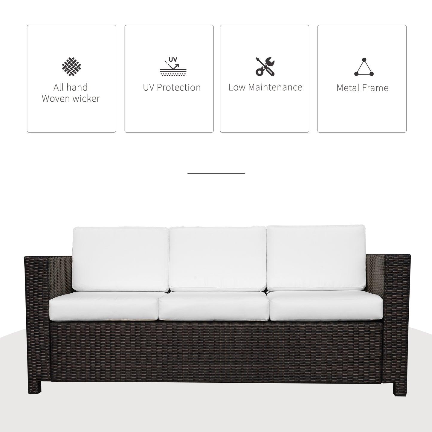 Sediri Brown Rattan 3 Seater Garden Outdoor Sofa With White Cushions