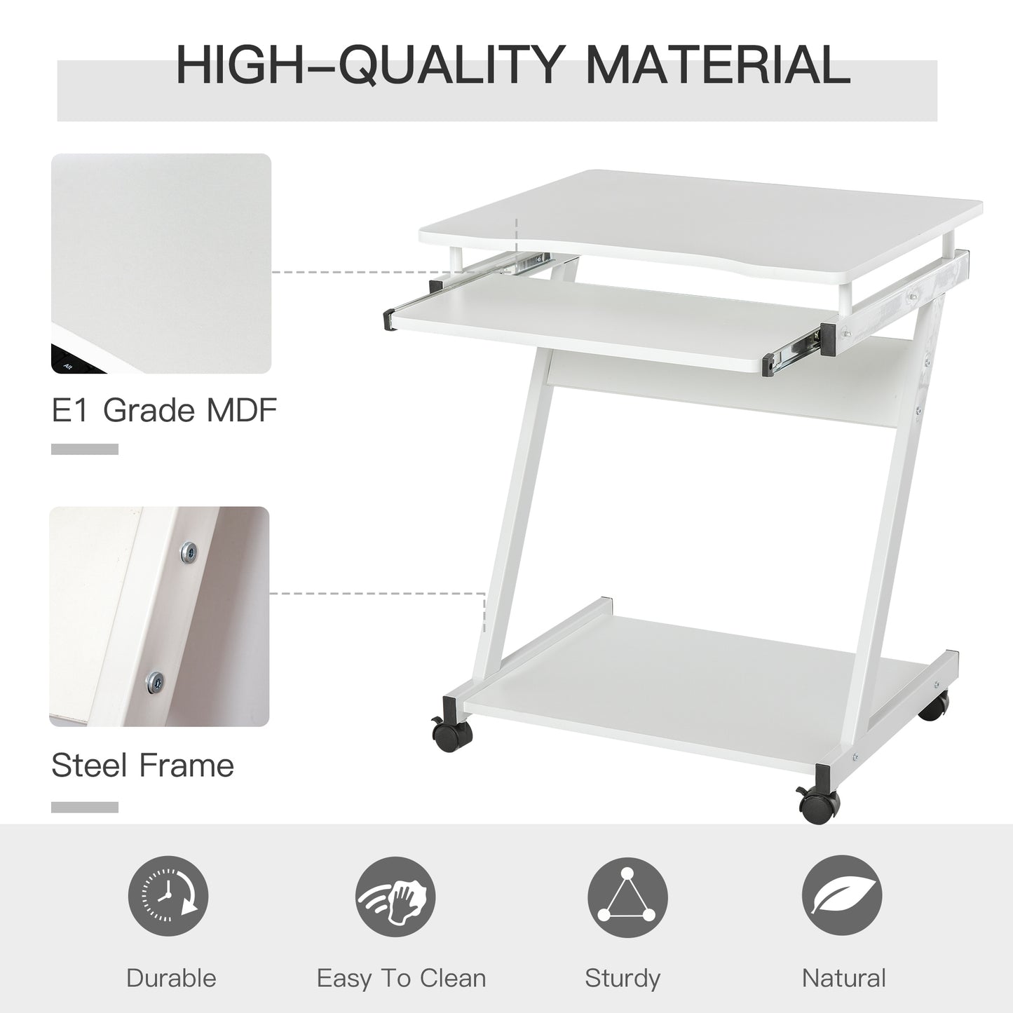 Suel 60cm Wooden White Mobile Z Shaped Desk With Castor Wheels And Sliding Keyboard Tray