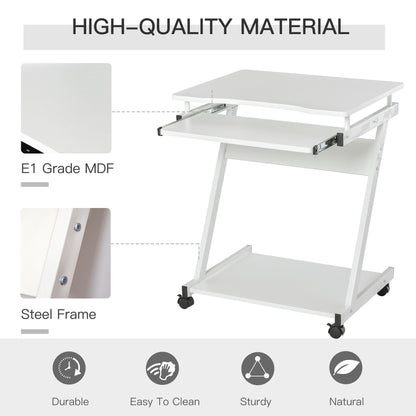 Suel 60cm Wooden White Mobile Z Shaped Desk With Castor Wheels And Sliding Keyboard Tray