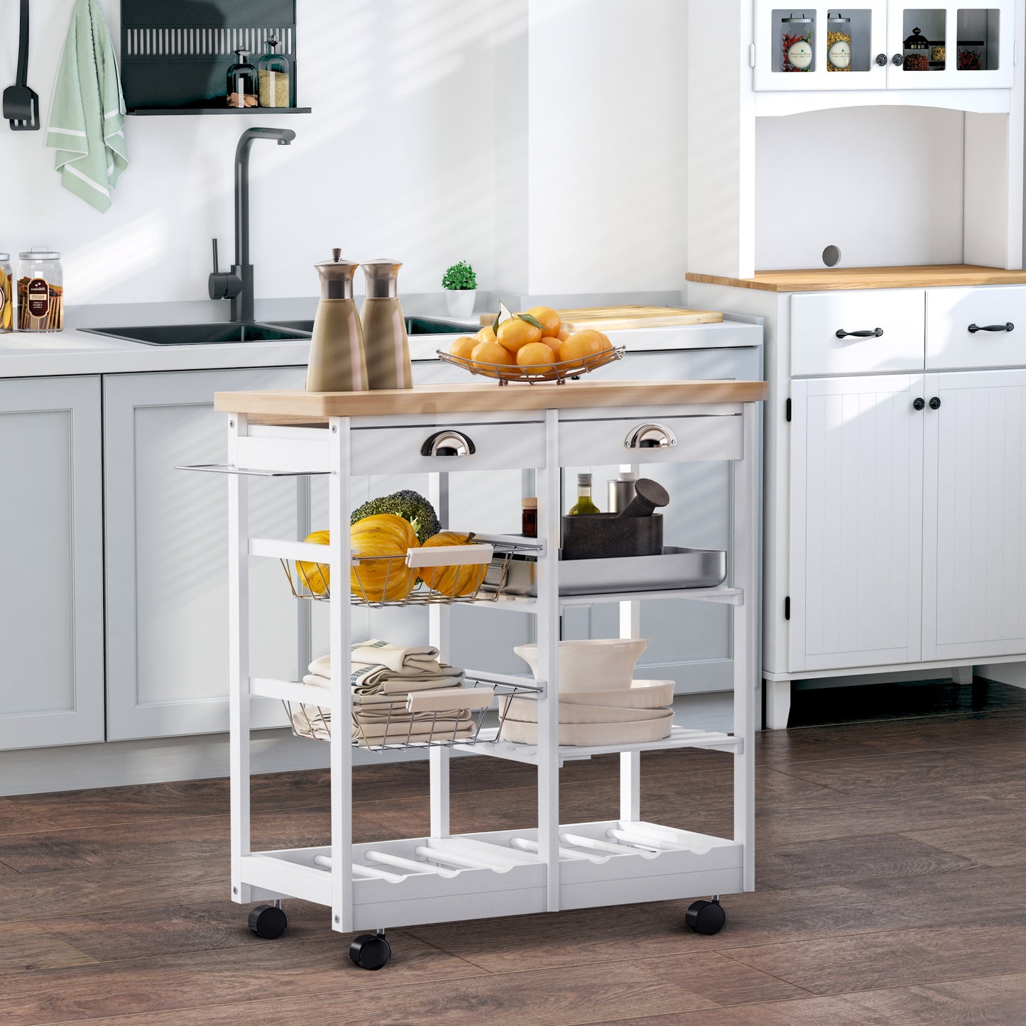 Lelifa Wooden White Rolling Kitchen Island With Drawers Shelves Baskets And Wine Rack